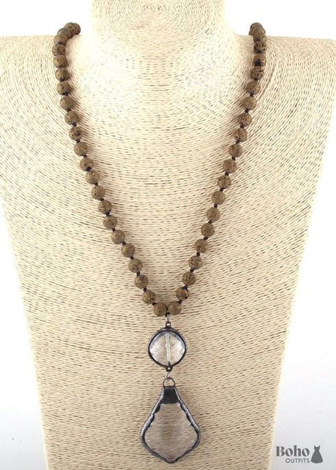 Boho Necklace, RH Antique Brass Lava Stone Glass